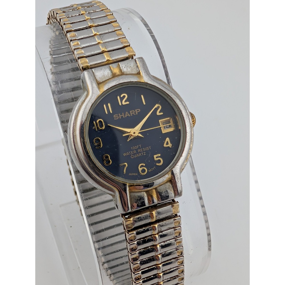 Sharp Watch Women‎ 23mm Case Blue Dial Two Tone Stretch Band- New Battery